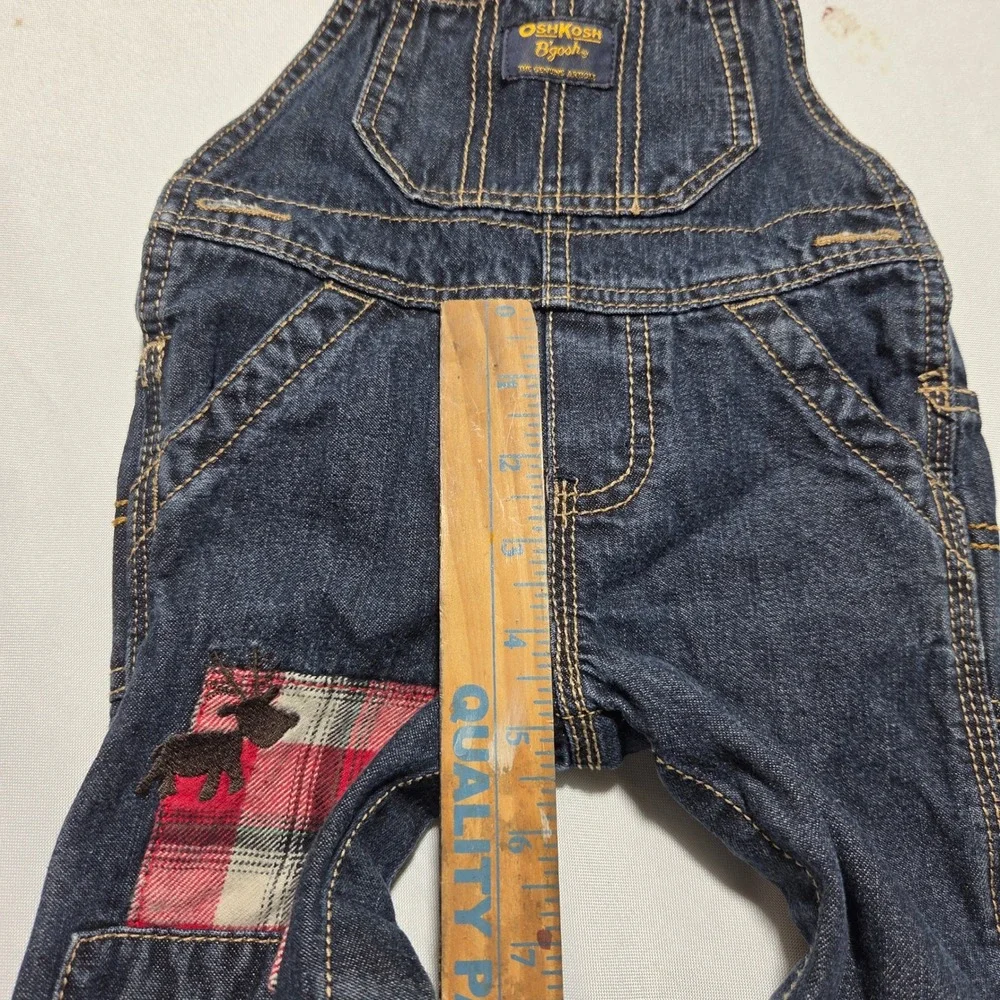 OshKosh‎ Bgosh Baby Boys Dark Denim Plaid Moose Patch Vestbak Overalls 9 Months
